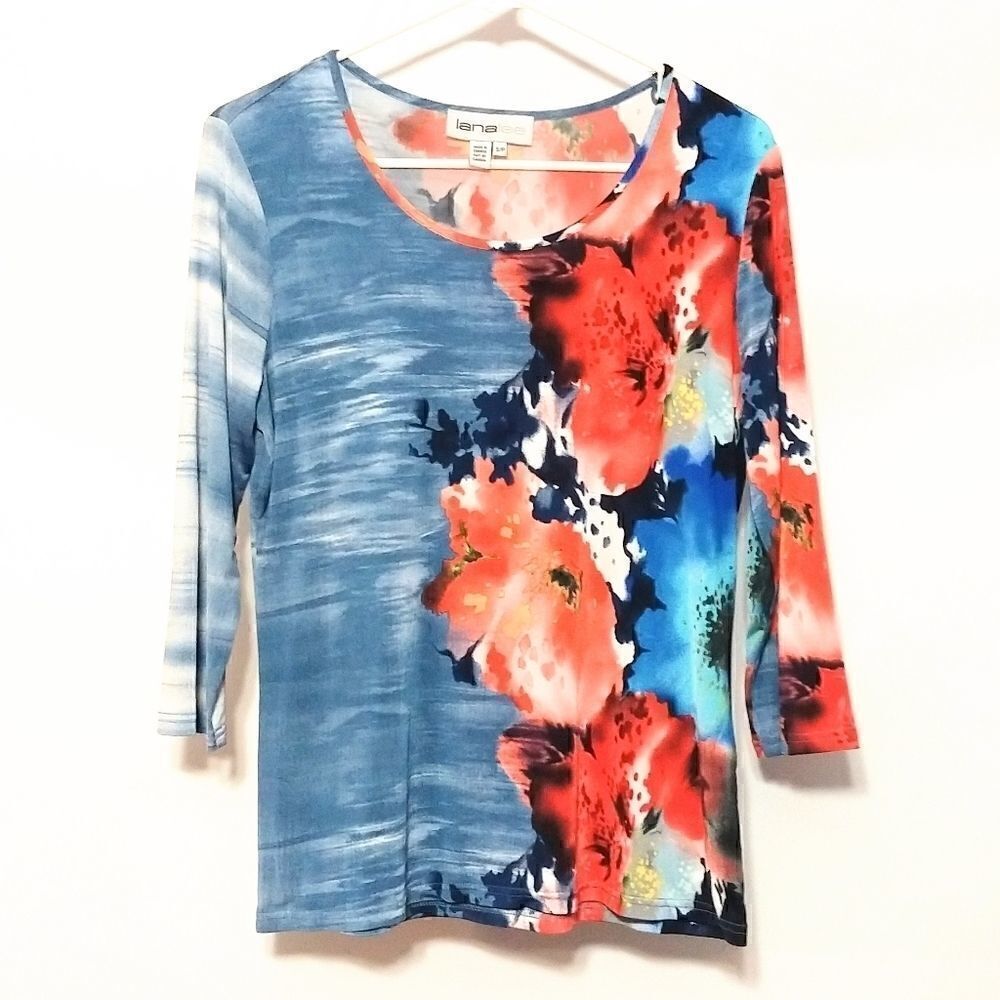 LanaLee Small vibrant blue orange floral 3/4 sleeve stretchy blouse